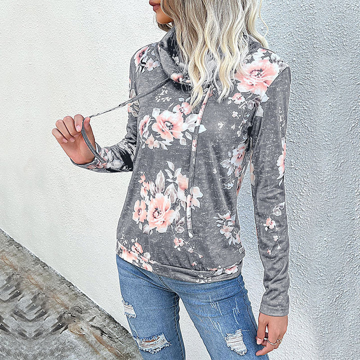 Damen Floraler Leichter Kapuzenpullover mit Wasserfallkragen und Tunnelzug Echoarchiv