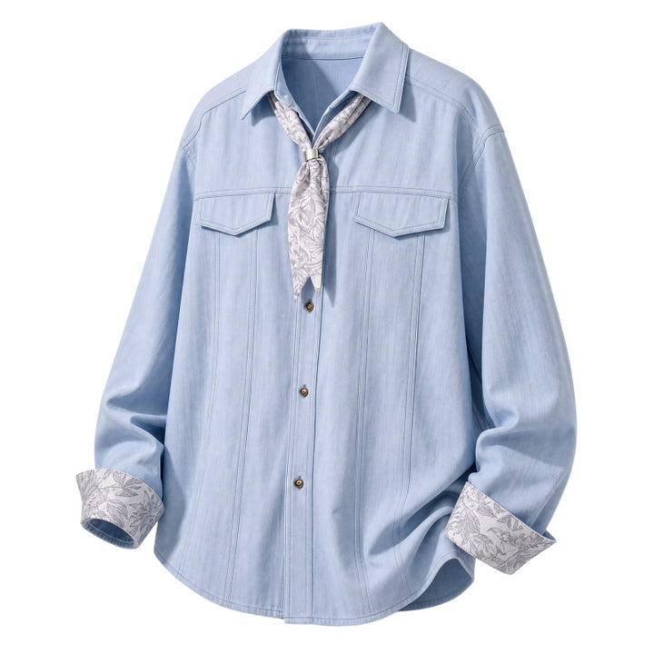 Damen Oversize-Chambray-Hemdbluse mit Ziernähten, Brustklappen & integriertem Halstuch Echoarchiv