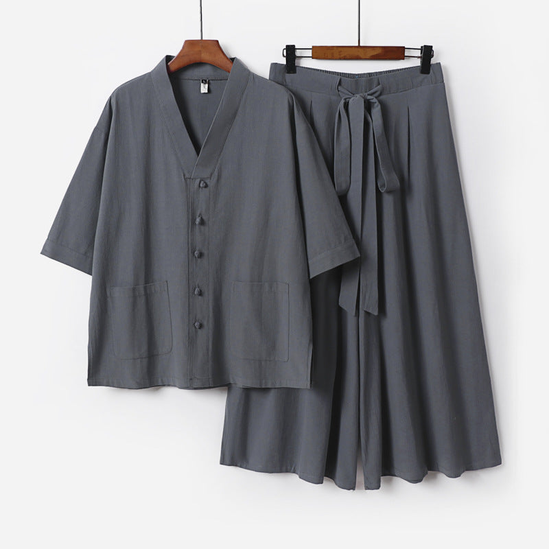 Damen Zweiteiliges Kimono-Lounge-Set mit Kurzarm-Knopfjacke, aufgesetzten Taschen und weiten Palazzo-Hosen Echoarchiv