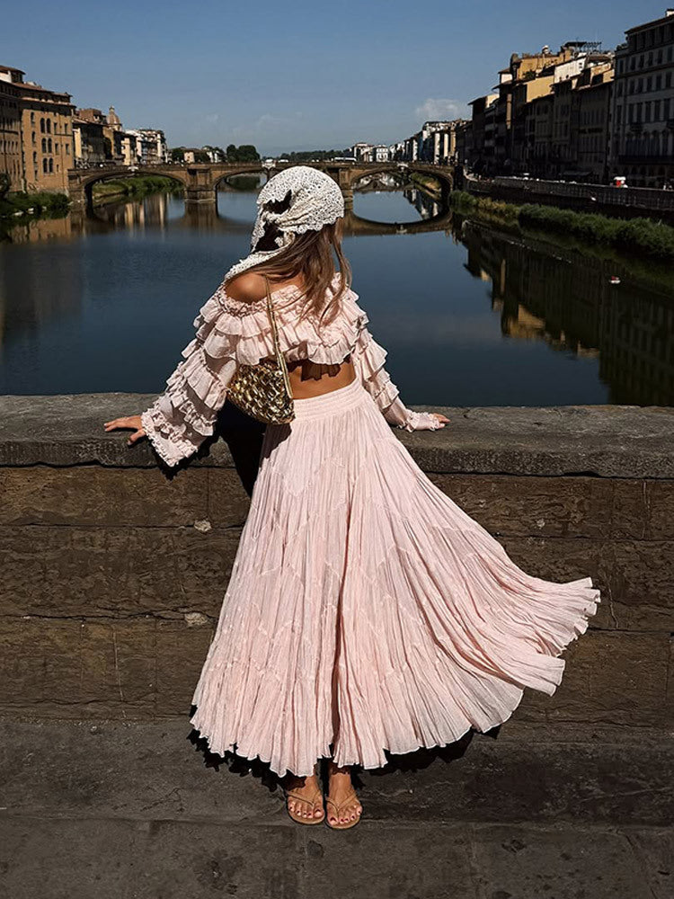 Damen Boho Zweiteiler mit bauchfreiem Volant-Top und plissiertem Maxirock Echoarchiv