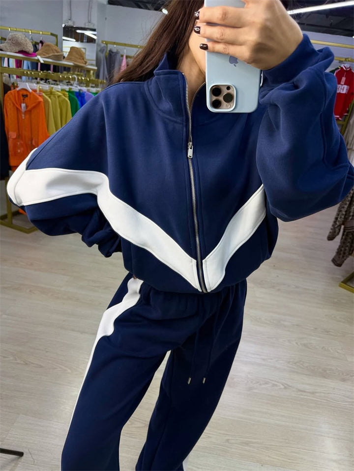 Damen eleganter sportlicher Zweiteiler Trainingsanzug mit Reißverschluss und kontrastierender V-Passe – Avérine