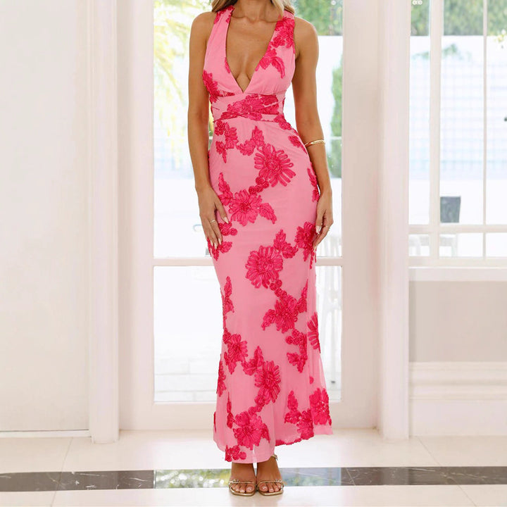 Damen Elegantes Maxikleid mit tiefem V-Ausschnitt und floralen Stickereien Echo Archiv
