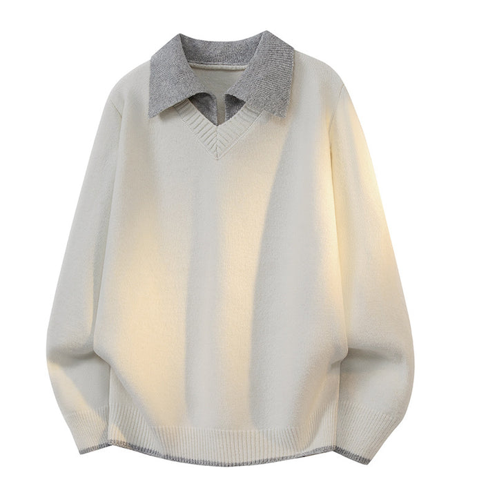Unisex Oversize Strickpullover mit Kontrastpolokragen und V-Ausschnitt Echoarchiv