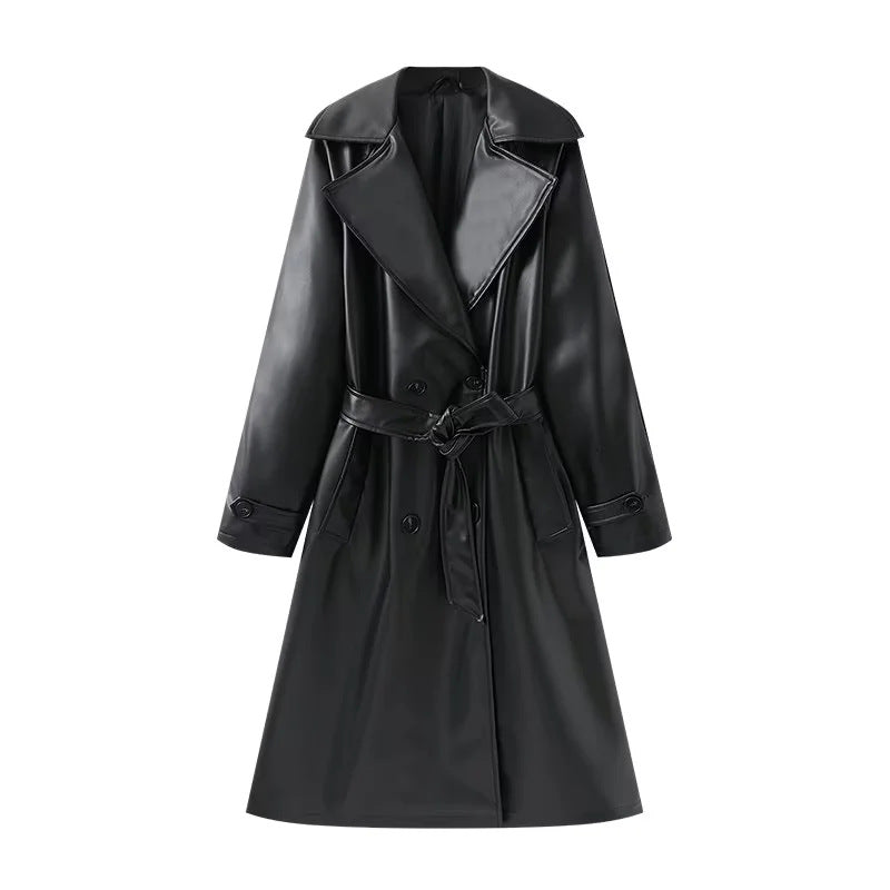 Damen lang geschnittener Trenchcoat aus veganem Lederimitat mit weitem Schalkragen und Bindegürtel – Montévia