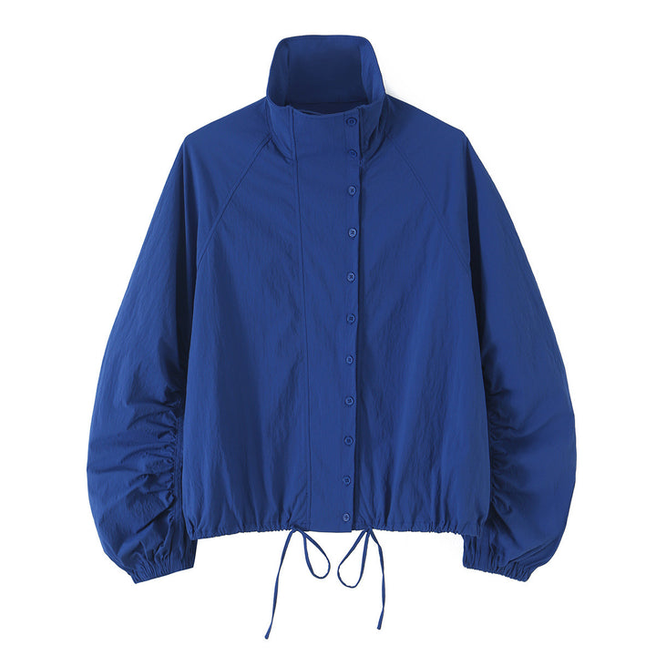 Damen Leichte Cropped Windjacke mit Stehkragen, Raglanärmeln und Tunnelzug Echoarchiv