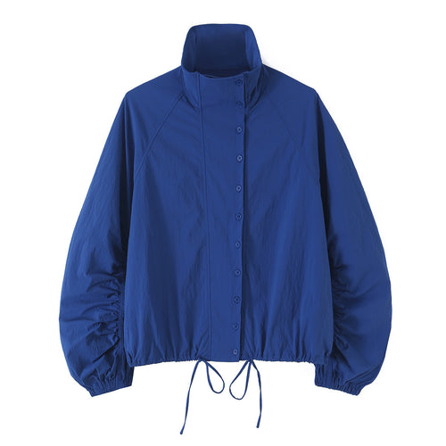 Damen Leichte Cropped Windjacke mit Stehkragen, Raglanärmeln und Tunnelzug Echoarchiv