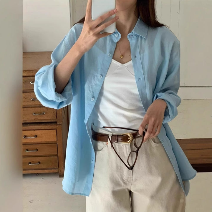 Damen Lässige Oversize-Hemdbluse mit kastiger Silhouette und krempelbaren Ärmeln – Maréline