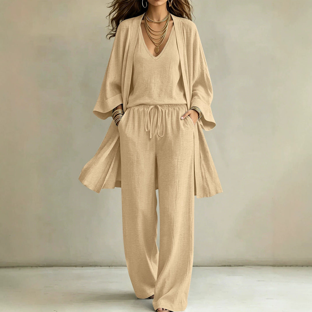 Damen Lässiges Lounge-Set mit Kimono-Cardigan, V‑Ausschnitt-Shirt und weiter Kordelhose – Élanora