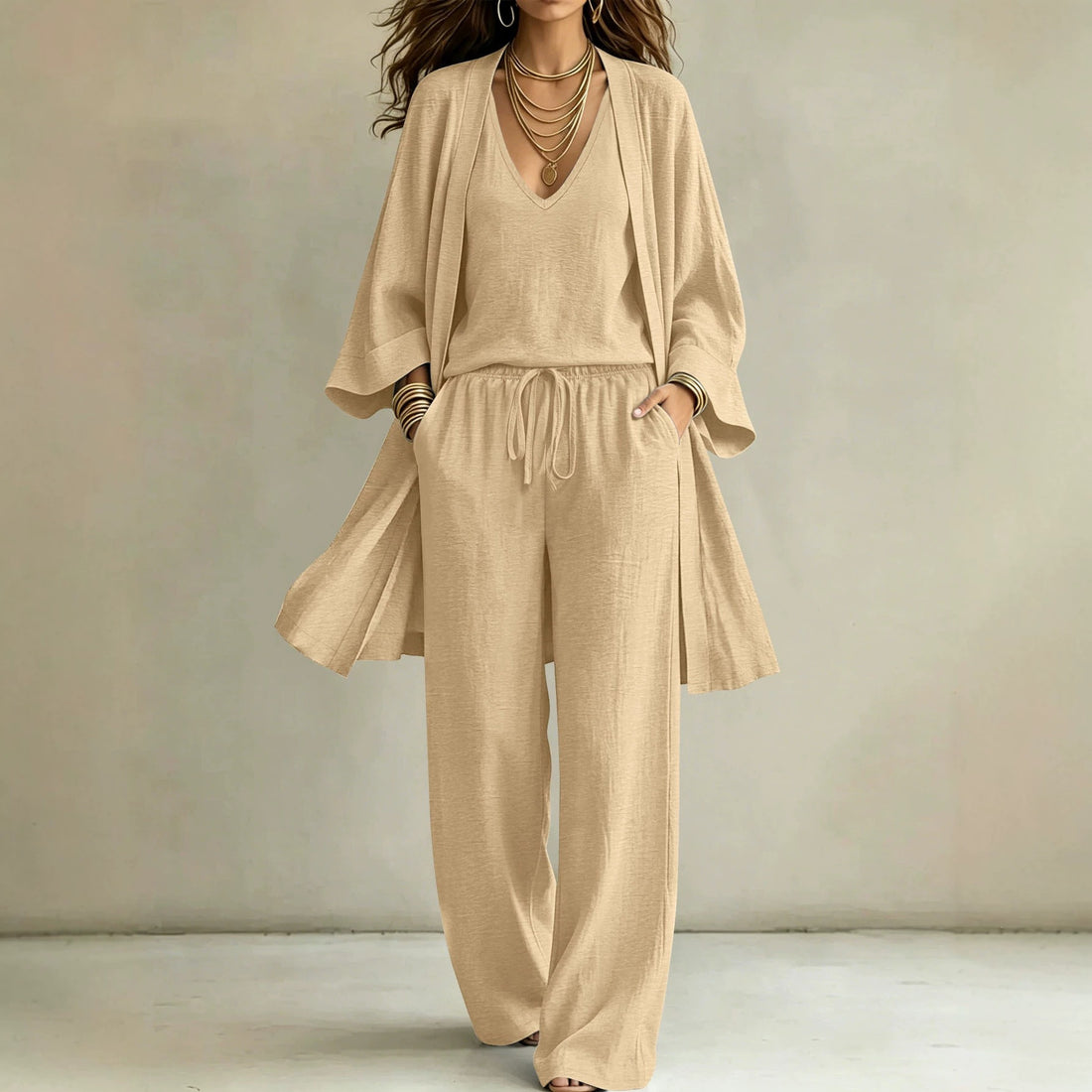 Damen Lässiges Lounge-Set mit Kimono-Cardigan, V‑Ausschnitt-Shirt und weiter Kordelhose – Élanora