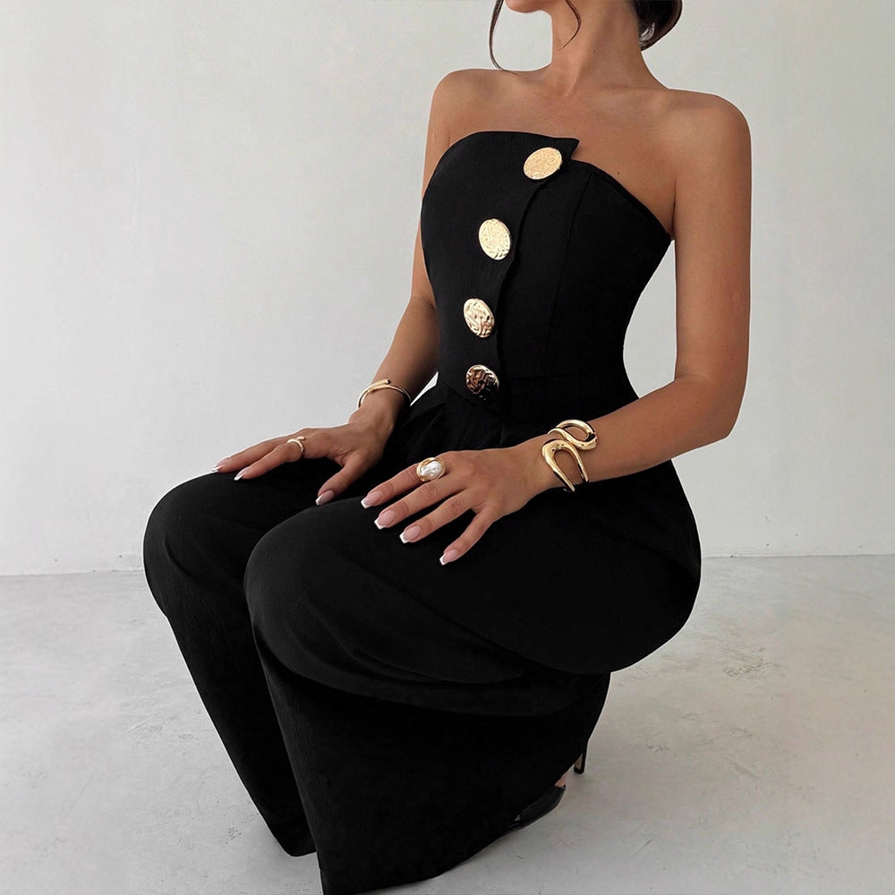 Damen Elegantes Jumpsuit mit asymmetrischem Ausschnitt und dekorativen Knöpfen Echo Archiv