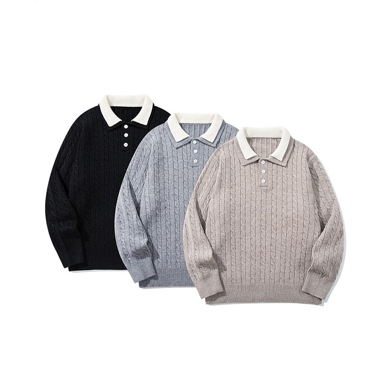 Unisex Polo-Strickpullover mit Zopfstrick und Kontrastkragen Echoarchiv