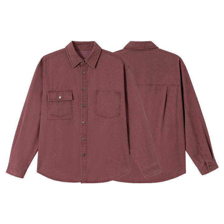 Damen Oversize Hemdjacke im Shacket‑Stil aus gewaschenem Baumwolltwill mit Druckknopfverschluss Echoarchiv