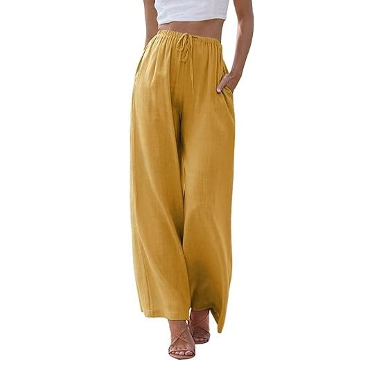 Damen nan weite Leinenhose mit elastischem Bund Kordel und Seitentaschen Echo Archiv