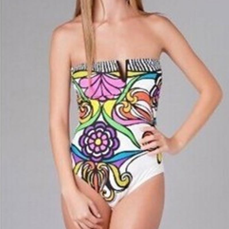 Damen Bandeau Badeanzug mit verschlussfreier Vorderseite und buntem Floral-Muster Echo Archiv