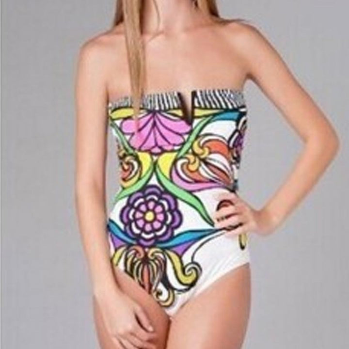 Damen Bandeau Badeanzug mit verschlussfreier Vorderseite und buntem Floral-Muster Echo Archiv