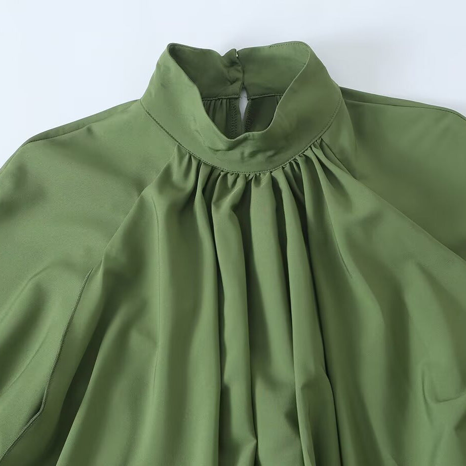 Damen Fließendes Maxikleid mit Ballonärmeln, Rüschendetails und Stehkragen Echoarchiv