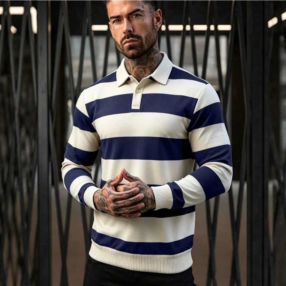 Herren gestreifter Rugby-Polo-Pullover mit Knopfleiste und Rippbündchen Echoarchiv
