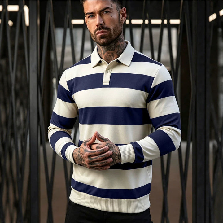 Herren gestreifter Rugby-Polo-Pullover mit Knopfleiste und Rippbündchen Echoarchiv