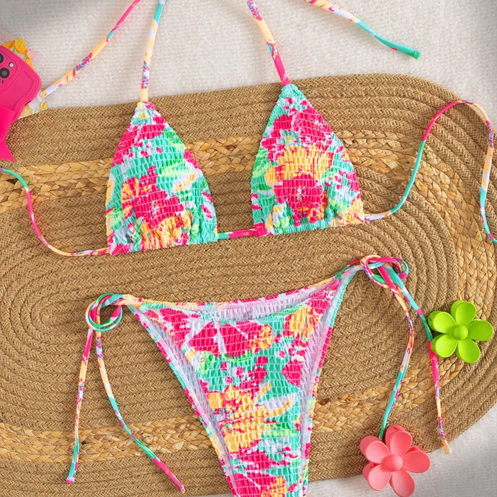 Damen Triangel-Bikini mit buntem Blumenmuster und verstellbarem Bindeband Echo Archiv