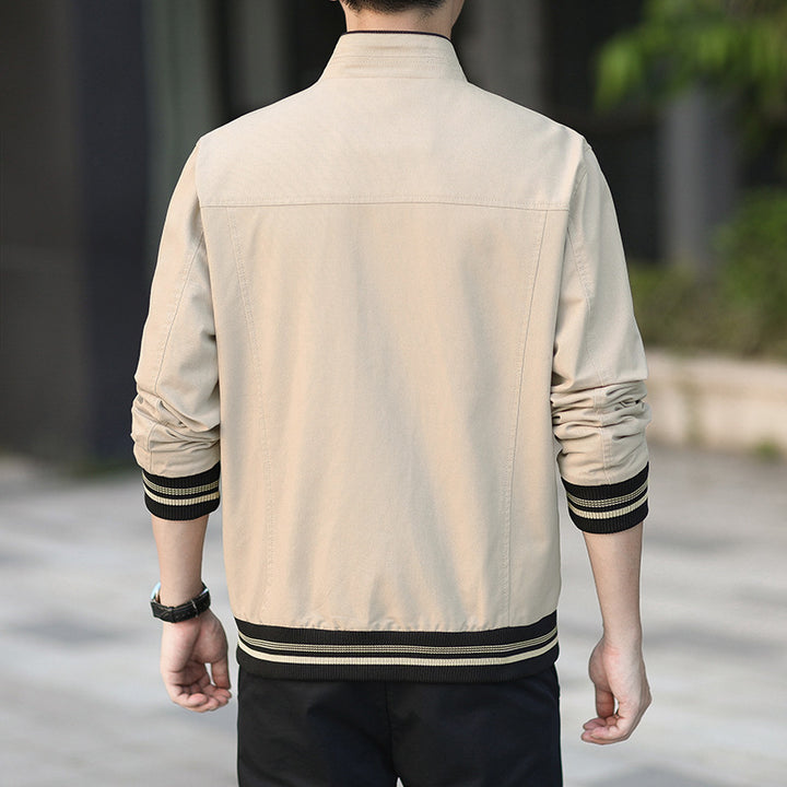 Herren moderner Canvas-Bomberjacke im Worker‑Stil mit gestreiften Rippbündchen und Reißverschluss Echoarchiv