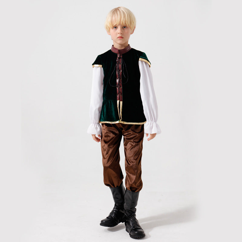 Unisex nan mittelalterliches Kinderkostüm Set mit Samtweste, geraffter Pluderhose und Renaissance-Details Echo Archiv