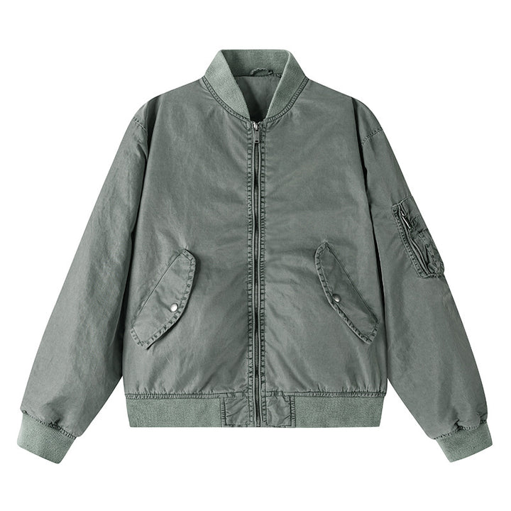 Men's vintage-washed relaxed bomber jacket with slanted snap-flap pockets and reinforced rib hem – Brevano
