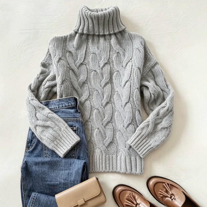 Damen Grobstrick-Rollkragenpullover mit markanten Zopfmustern und gerippten Bündchen – Mavelle