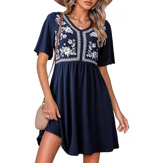 Damen Besticktes Empire-Kleid mit V-Ausschnitt, Kurzärmeln und ausgestelltem Rock Echo Archiv