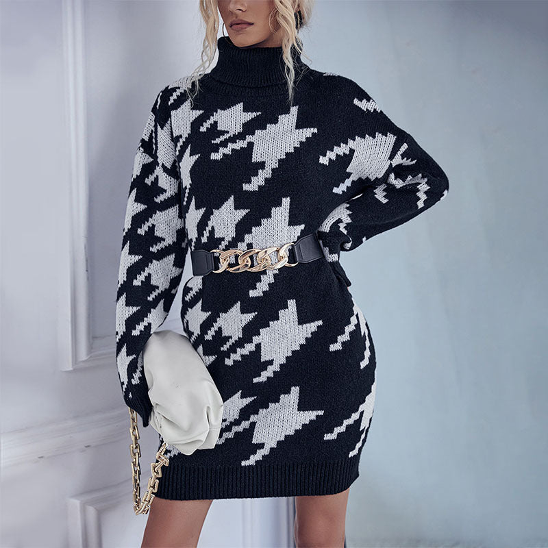 Damen Strick-Minikleid mit Hahnentritt-Jacquard, Rollkragen und taillenbetonter Gürteloptik Echoarchiv