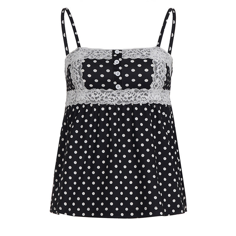 Damen Spaghetti-Trägertop mit süßem Spitzenbesatz und Polka-Dots Echo Archiv