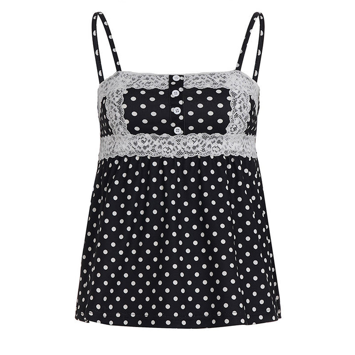 Damen Spaghetti-Trägertop mit süßem Spitzenbesatz und Polka-Dots Echo Archiv