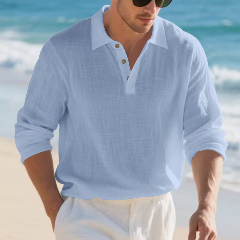 Herren langärmliges Henley-Shirt mit modischem Kragen und dekorativen Knopfdetails Echoarchiv