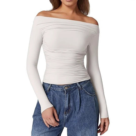 Damen Schulterfreies tailliertes Stretch-Longsleeve mit Raffung und figurbetonter Silhouette – Avérine
