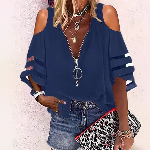 Damen V‑Ausschnitt Bluse mit dekorativem Ringreißverschluss und Cut-Out-Ärmeln Echo Archiv