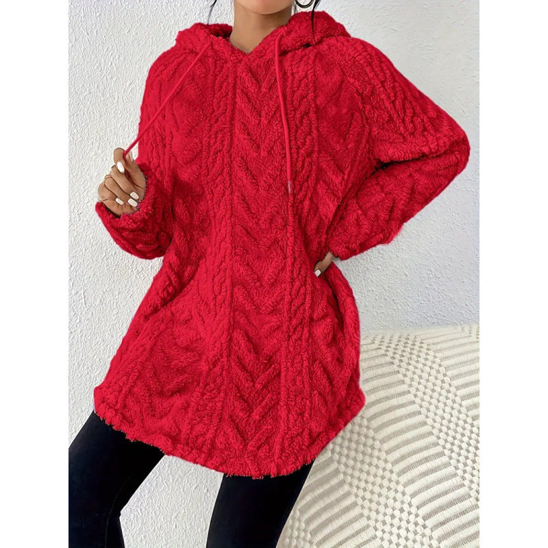 Damen Kuscheliger Teddy-Hoodie mit Zopfmuster Tunnelzug und gerundetem Saum Echo Archiv