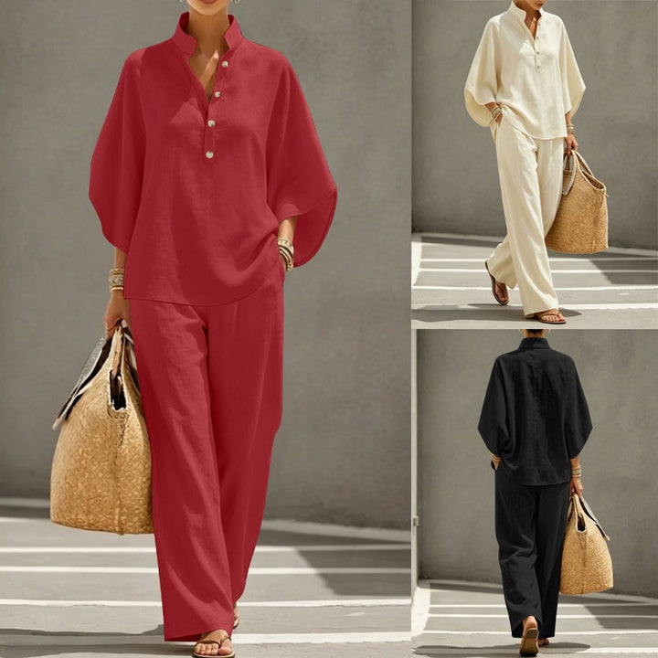 Damen Lässiges Zweiteiler‑Set mit Stehkragen‑Henleytop und weitem High‑Waist Palazzo‑Hose – Élanora