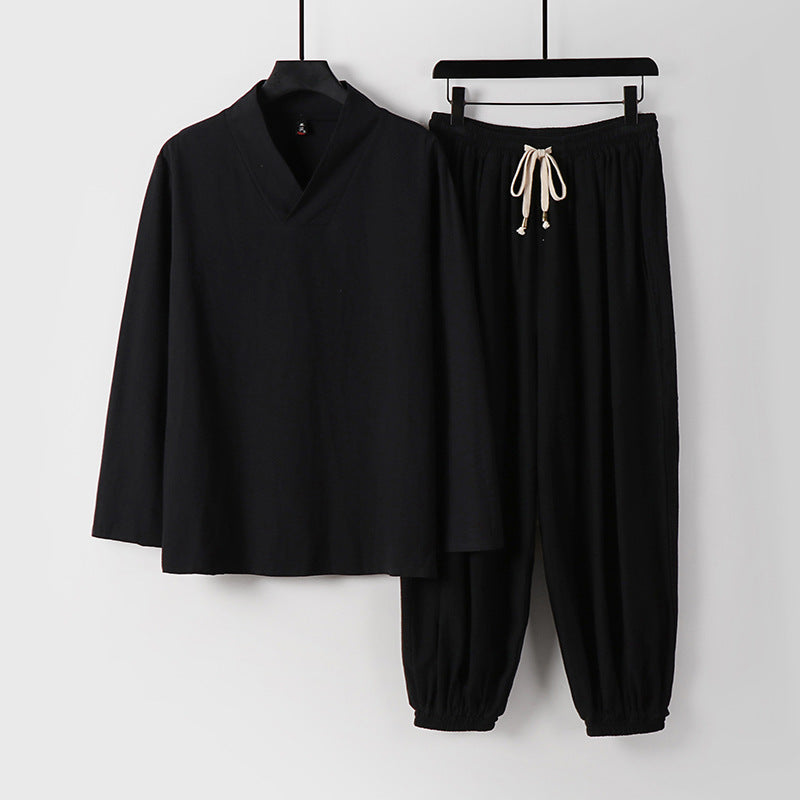 Herren Lockeres Leinen-Loungewear-Set mit V-Ausschnitt elastischem Bund und gerafften Knöcheln Echoarchiv