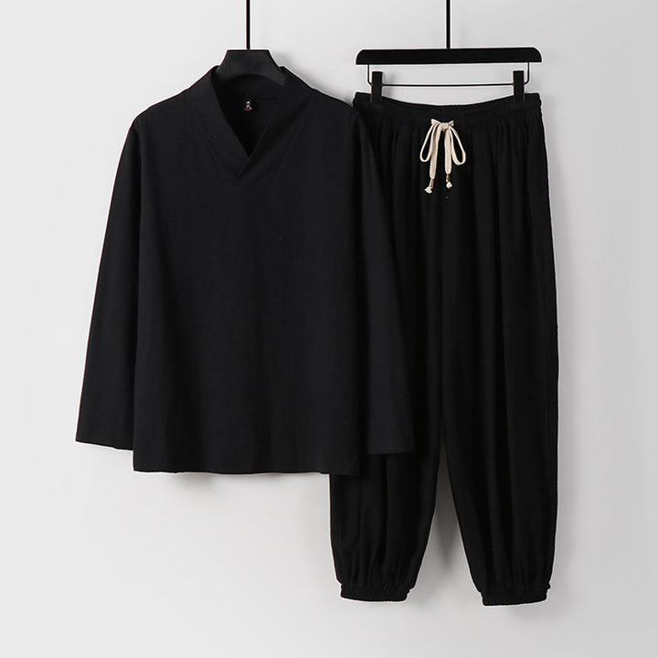 Herren Lockeres Leinen-Loungewear-Set mit V-Ausschnitt elastischem Bund und gerafften Knöcheln Echoarchiv