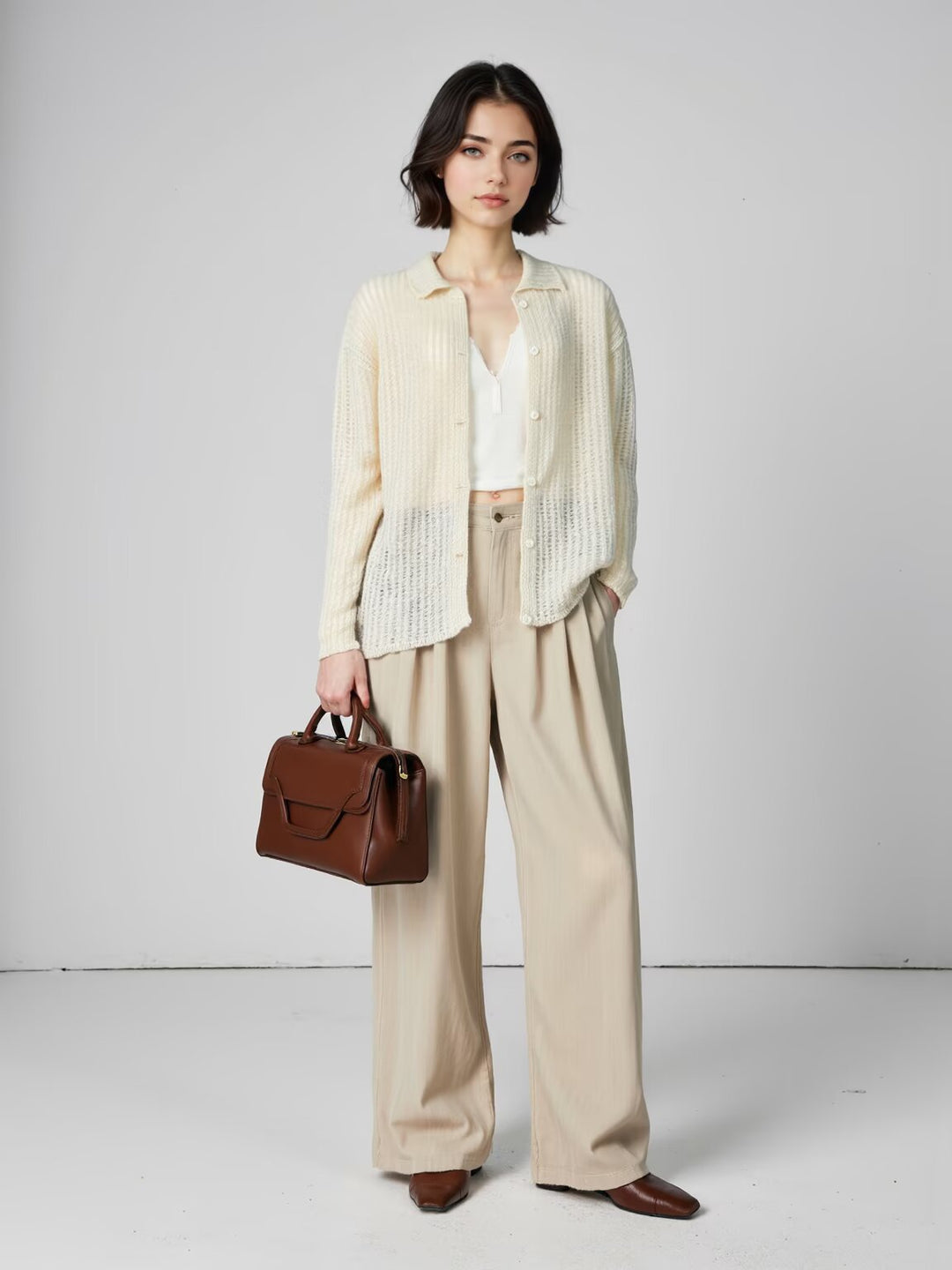 Damen Grob gestrickte Oversize‑Strickjacke mit Hemdkragen und Knopfleiste Echoarchiv