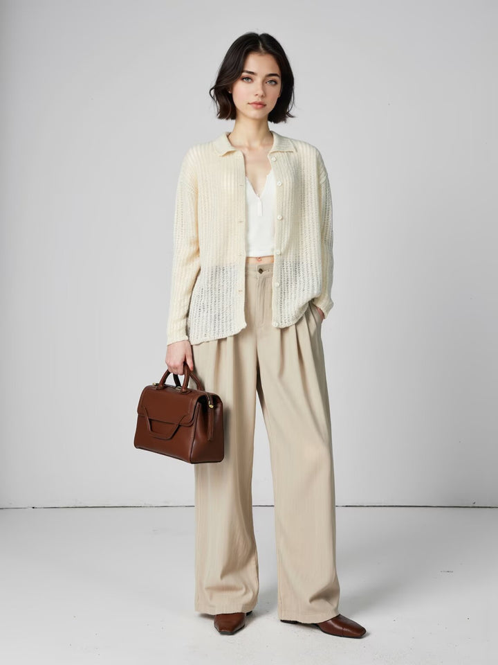 Damen Grob gestrickte Oversize‑Strickjacke mit Hemdkragen und Knopfleiste Echoarchiv