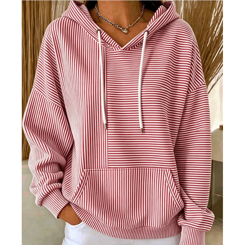 Damen Oversize Kapuzenpullover mit feinem Streifenprint, Kängurutasche und V-Ausschnitt-Kapuze – Auréline