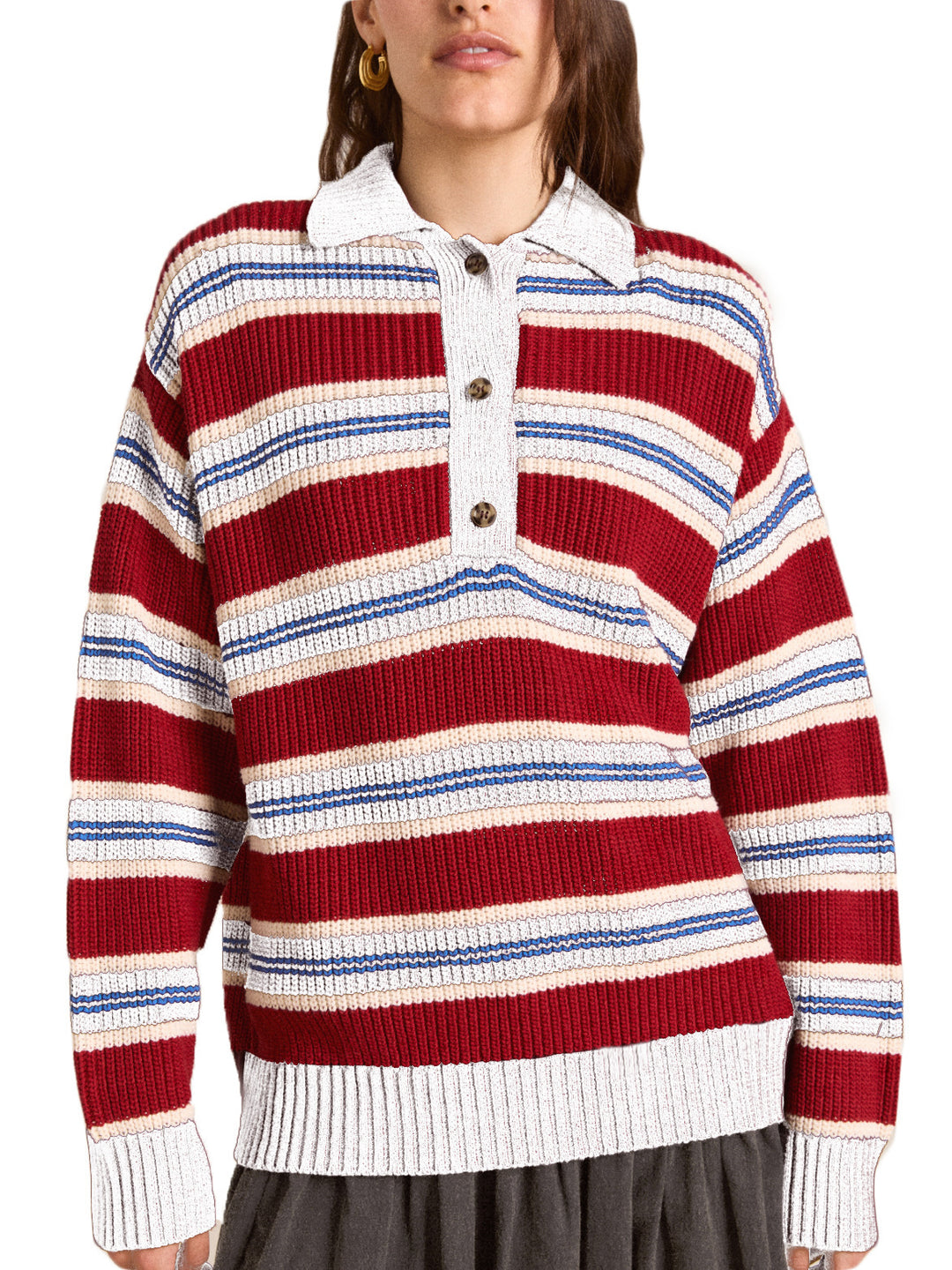 Damen Oversize Strickpullover mit Polokragen & mehrlagigem Streifenrelief Echoarchiv