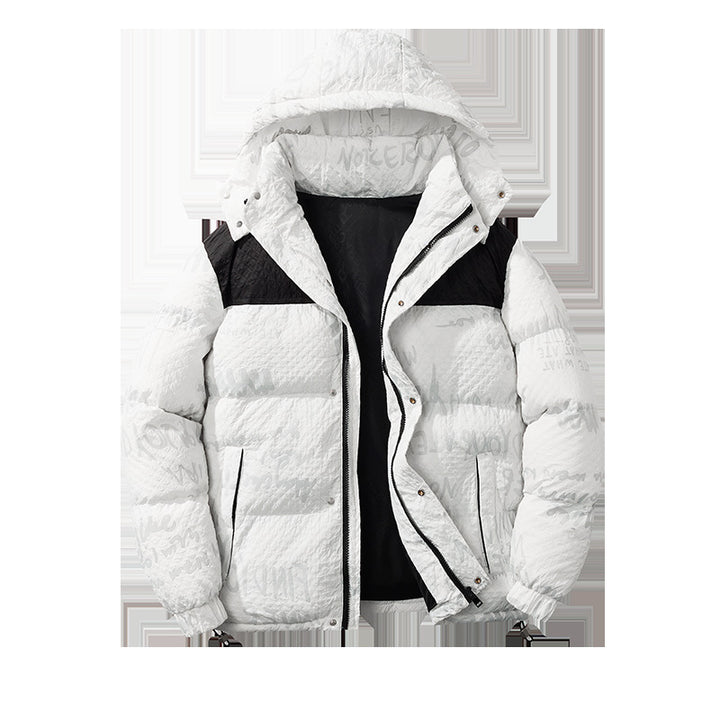 Herren modische Daunenjacke mit Kapuze und kontrastierenden Einsätzen Echoarchiv