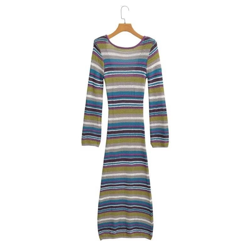 Damen Gestreiftes Rippstrick-Maxikleid mit Rundhalsausschnitt und figurbetonter Silhouette Echo Archiv
