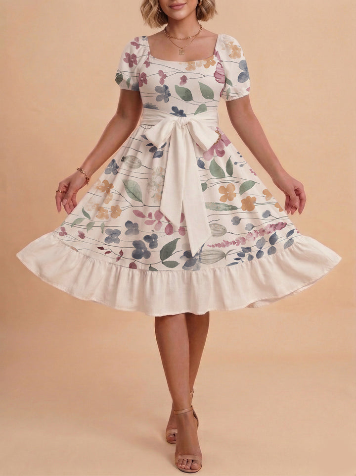 Damen Blumenkleid mit taillierbarem Gürtel und voluminösen Ärmeln Echo Archiv