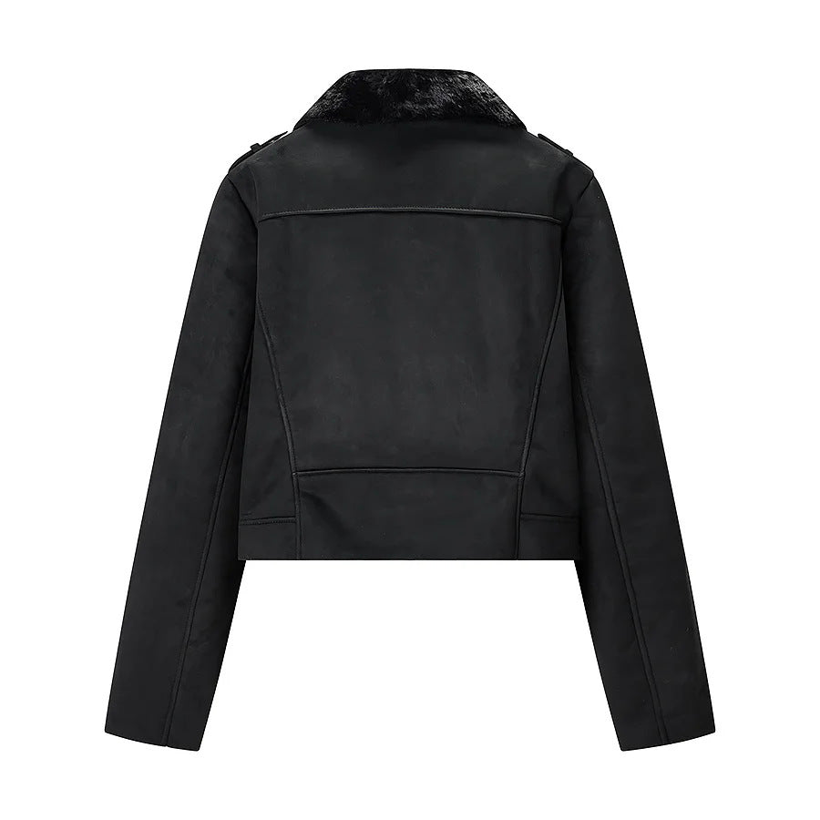 Damen kurze Bikerjacke aus Veloursimitat mit Teddyfutter und asymmetrischer Metall-Reißverschluss – Célinea