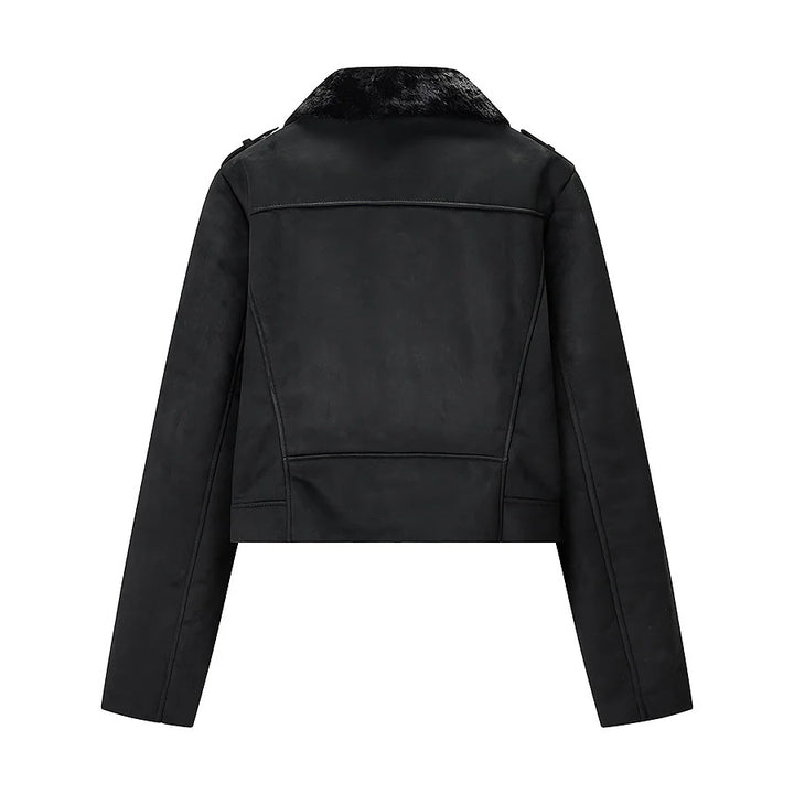 Damen kurze Bikerjacke aus Veloursimitat mit Teddyfutter und asymmetrischer Metall-Reißverschluss – Célinea