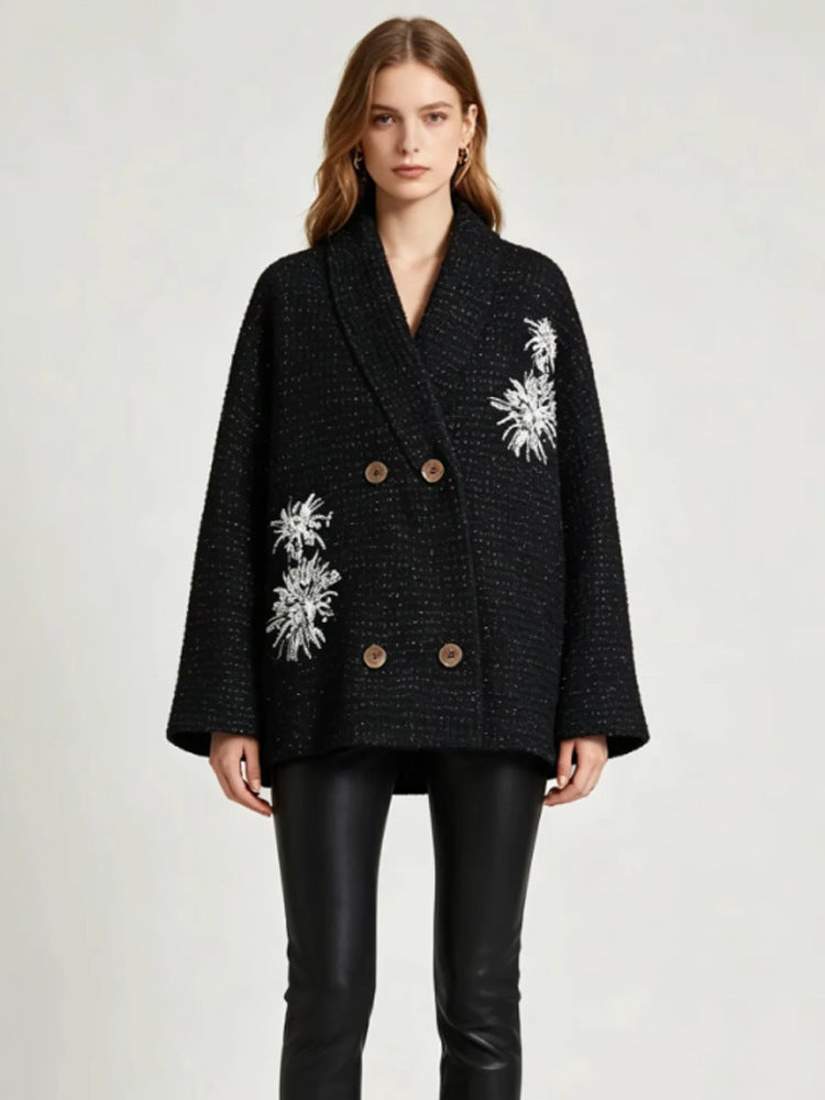 Damen Oversize-Bouclé-Manteljacke mit Schalkragen und floraler Stickerei Echoarchiv