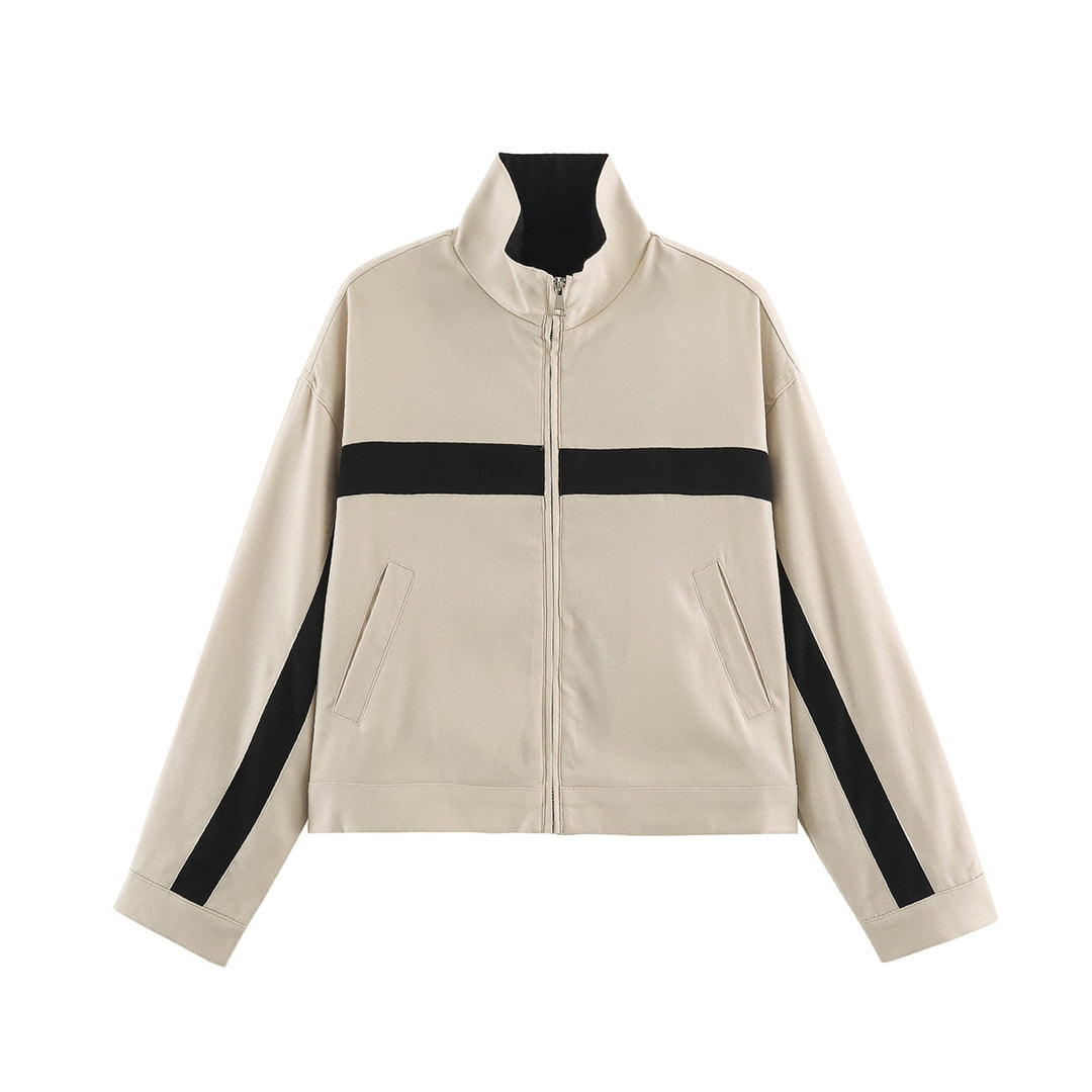 Unisex Kurz geschnittene Trackjacke mit Stehkragen, Kontraststreifen und Reißverschluss Echo Archiv