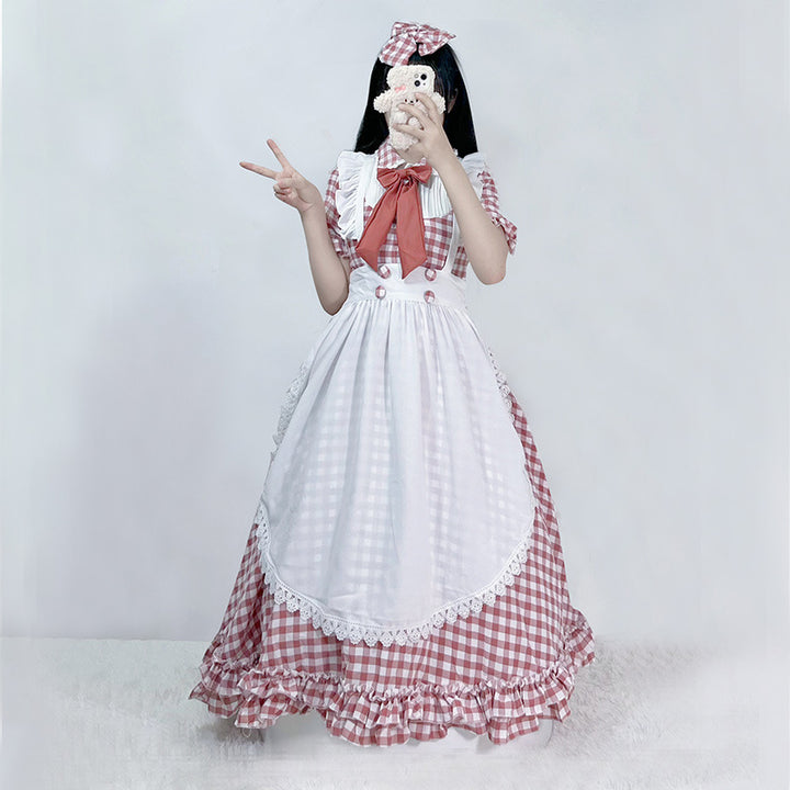 Damen nan vintage-inspiriertes Lolita-Kleid mit Karomuster Volants und abnehmbarer Schürze Echo Archiv